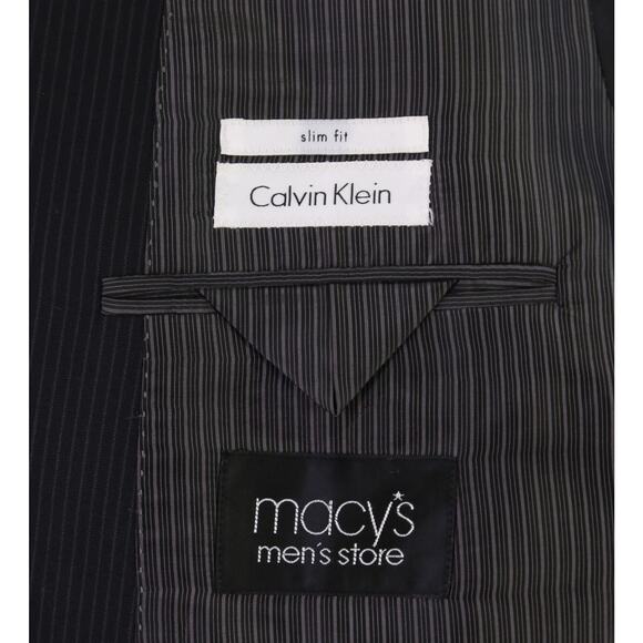 Calvin Klein Men's Black Striped Peak Lapels Slim Fit 2-Btn Wool Suit 42L - Picture 8 of 11